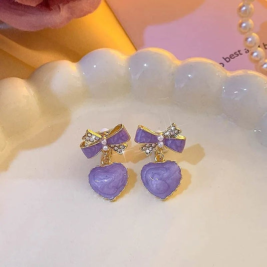 Lavender enamel bow heart dangle earrings for women JeevaFashions