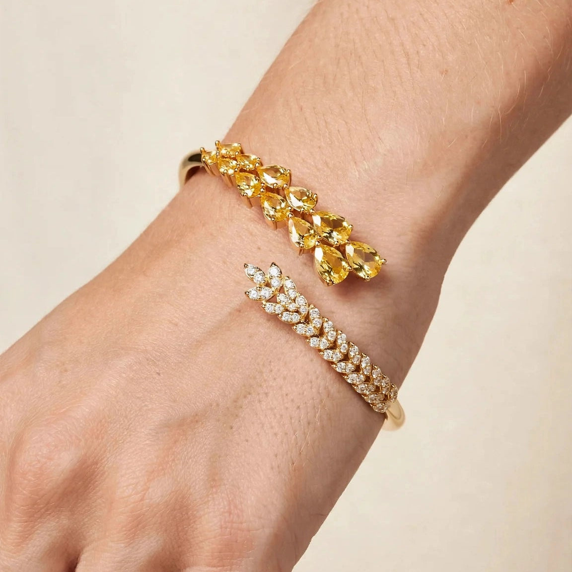 Clear CZ leaf vine bangle bracelet closeup gold cuff for women at JeevaFashions