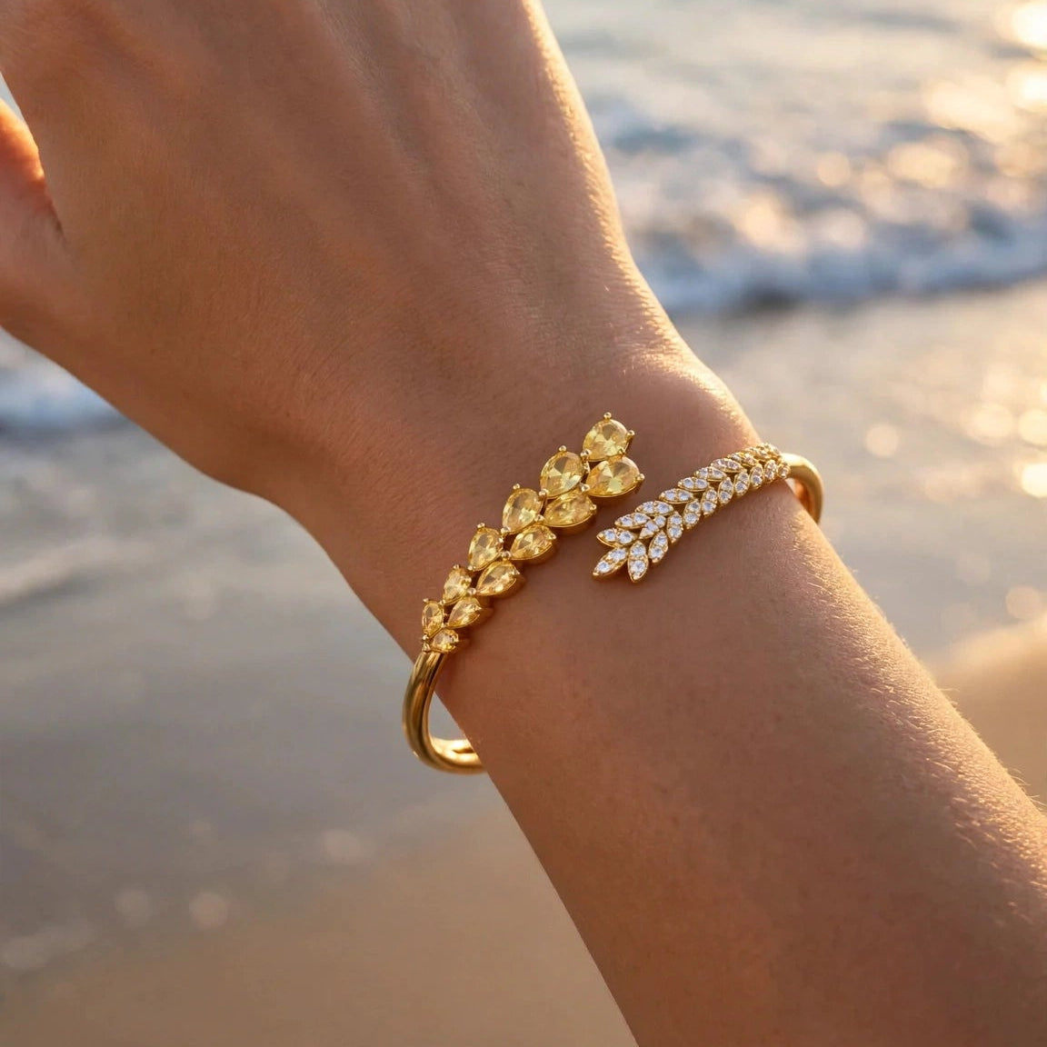 Two tone leaf vine bangle bracelet detail shot for women at JeevaFashions
