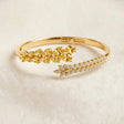 Leaf vine bangle bracelet yellow and clear CZ open cuff for women at JeevaFashions
