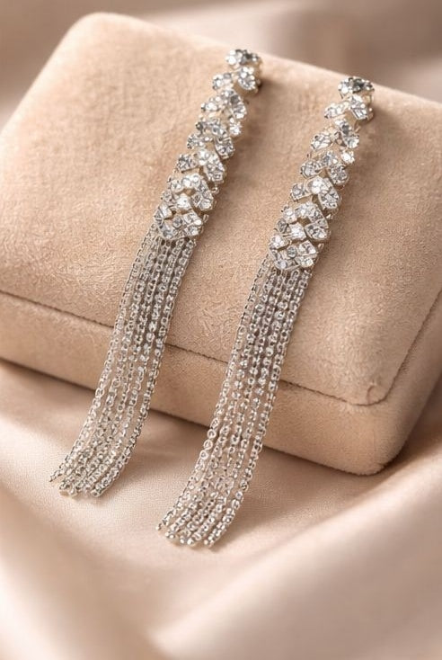 Long silver tassel earrings for weddings and festive wear JeevaFashions