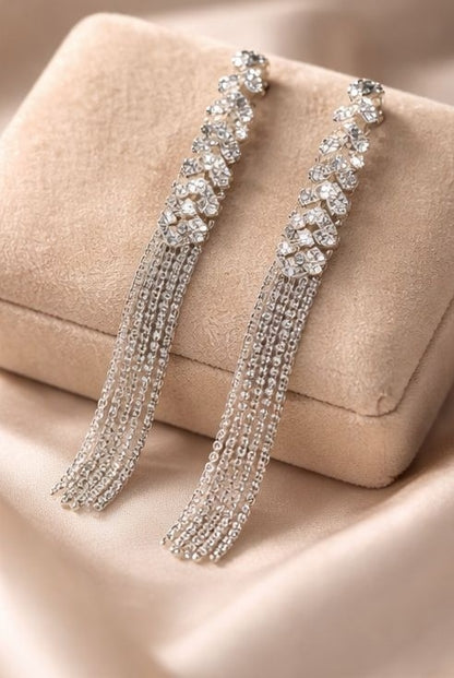 Long silver tassel earrings for weddings and festive wear JeevaFashions