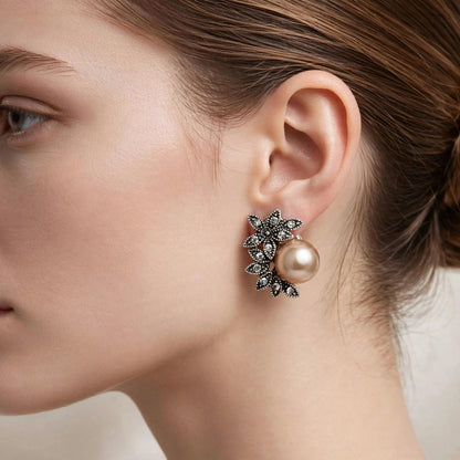 Pearl Stud Earrings with Crystal Floral Design – Vintage