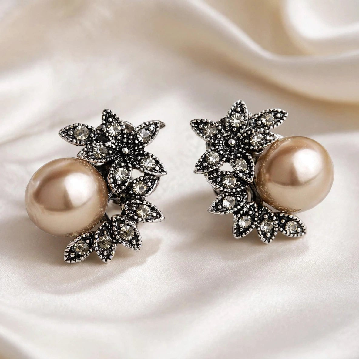 Pearl Stud Earrings with Crystal Floral Design – Vintage