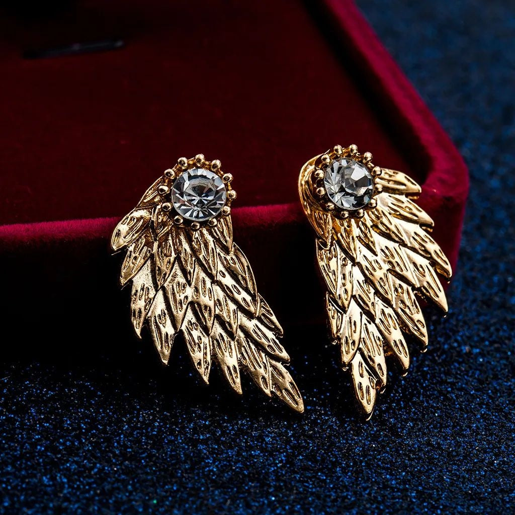 Majestic golden angel wing crystal stud earrings JeevaFashions