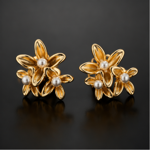 Matte gold flower cluster pearl stud earrings for women JeevaFashions