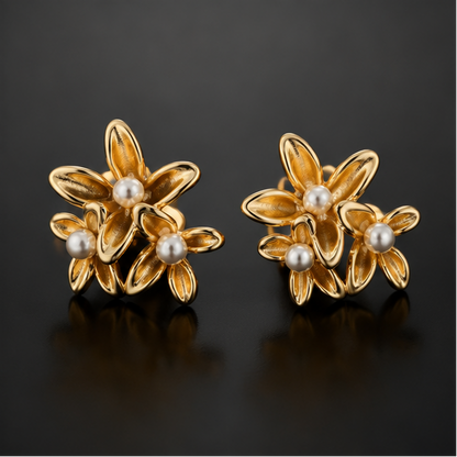 Matte gold flower cluster pearl stud earrings for women JeevaFashions