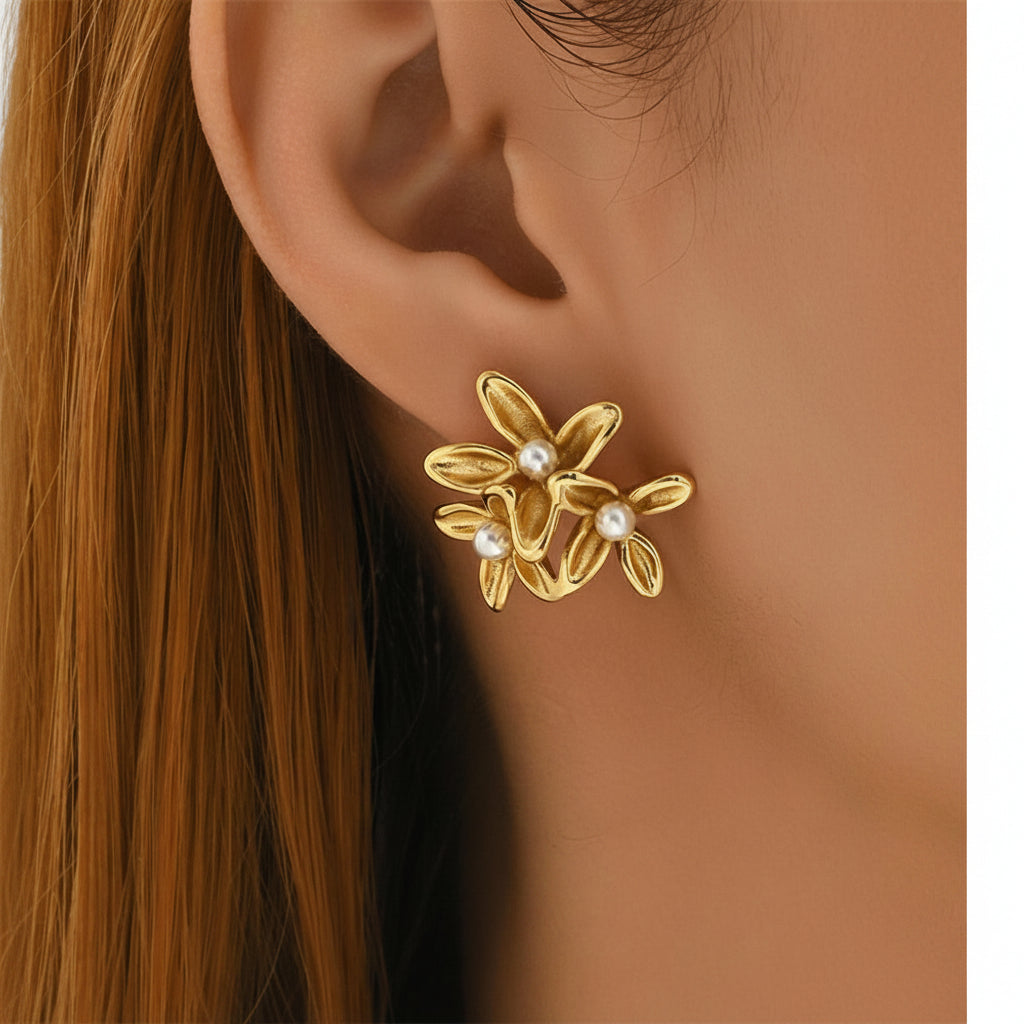 Matte gold flower pearl earrings closeup for women JeevaFashions