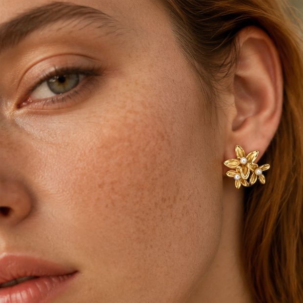Matte gold flower cluster earrings styled for festive occasion JeevaFashions