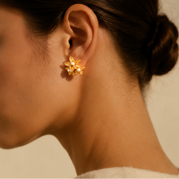 Matte gold flower cluster earrings for weddings and sangeet JeevaFashions
