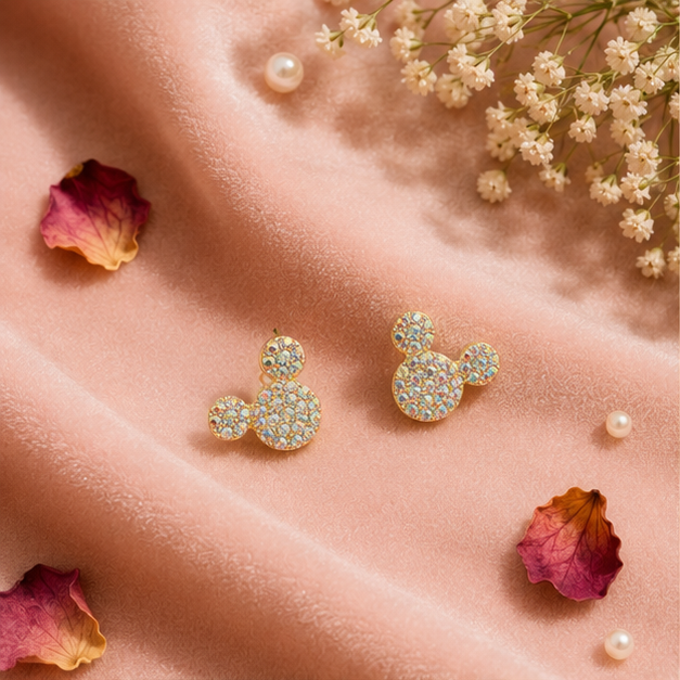 Rainbow iridescent crystal mouse stud earrings close-up – anti-tarnish gold tone daily wear jewellery