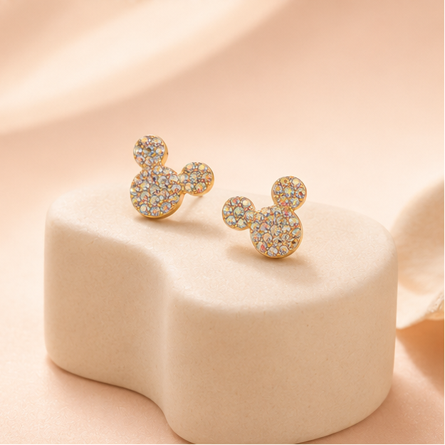 Rainbow crystal mouse stud earrings styled for college and casual daily wear – pavé gold tone