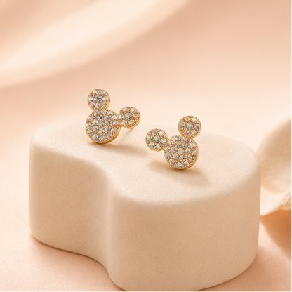 Rainbow crystal mouse stud earrings styled for college and casual daily wear – pavé gold tone