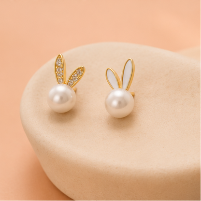Pair of cute mismatched bunny stud earrings in gold-tone alloy with faux pearl face – anti-tarnish earrings for women