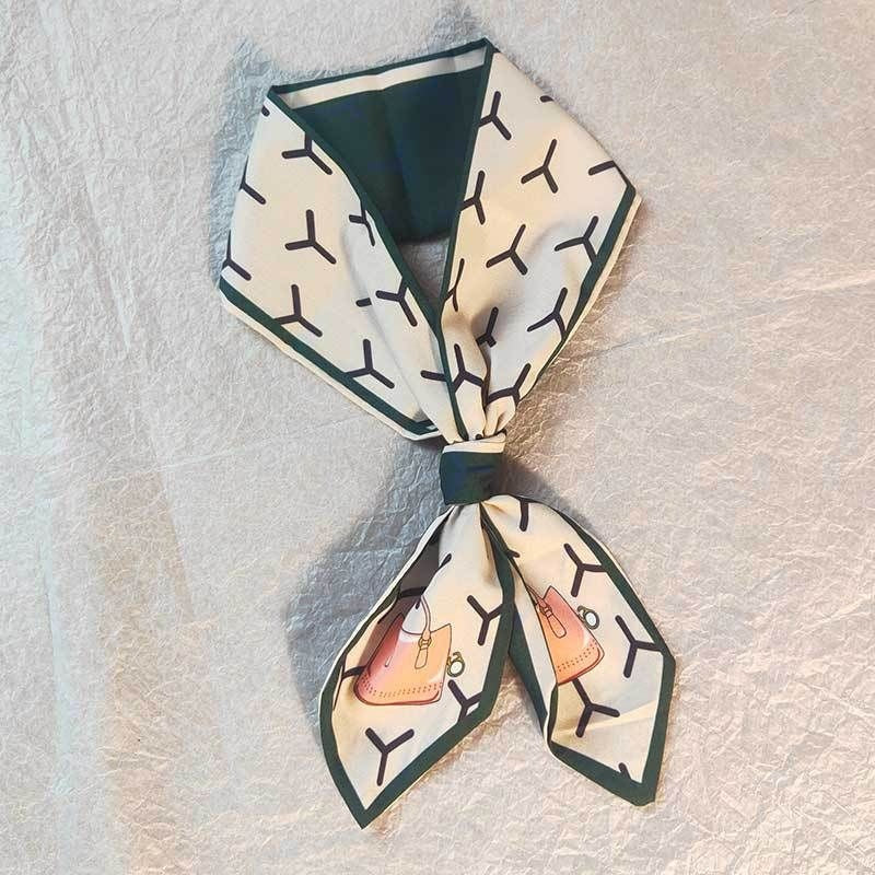 monogram print silk feel skinny scarf hair bag ribbon for women JeevaFashions