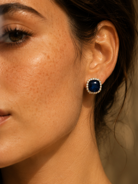 Gold tone navy blue CZ earrings closeup for women JeevaFashions