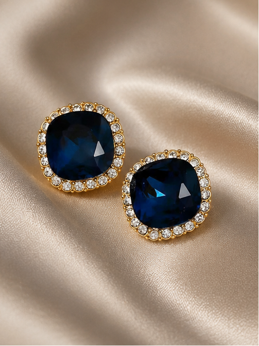 Navy blue CZ stud earrings styled for daily wear JeevaFashions