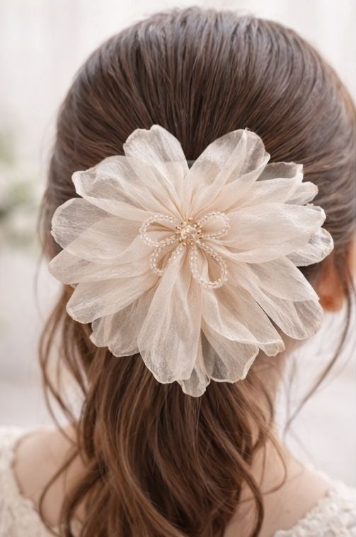 Off white floral statement hair clip styled on hair JeevaFashions