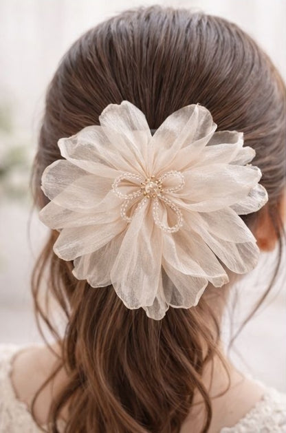 Off white floral statement hair clip styled on hair JeevaFashions