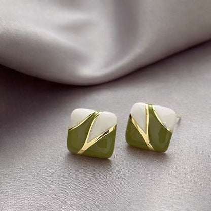 Olive green geometric enamel stud earrings for date nights and fusion wear – anti-tarnish gold-tone studs for Indian women