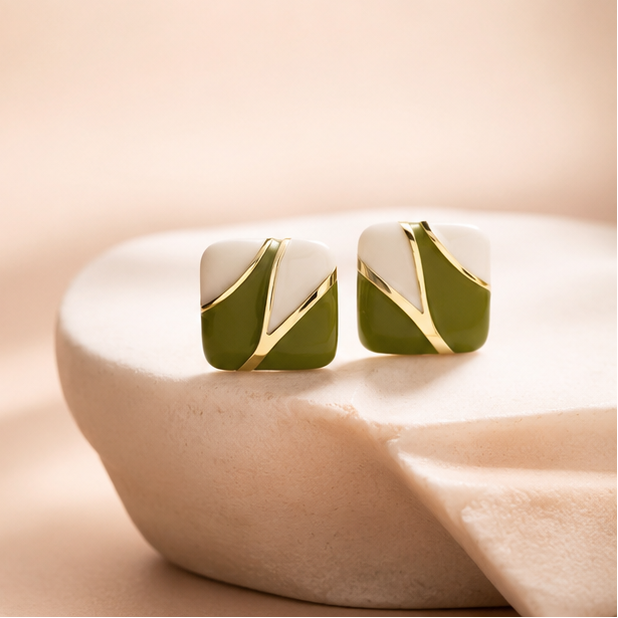 Olive green square enamel stud earrings flat lay – geometric gold-tone studs for festive and casual occasions by JeevaFashions