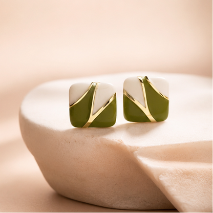 Olive green square enamel stud earrings flat lay – geometric gold-tone studs for festive and casual occasions by JeevaFashions