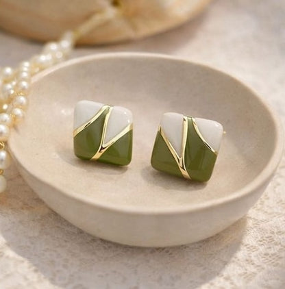 Olive green square enamel stud earrings gift for women – geometric gold-tone studs for birthdays and Raksha Bandhan by JeevaFashions