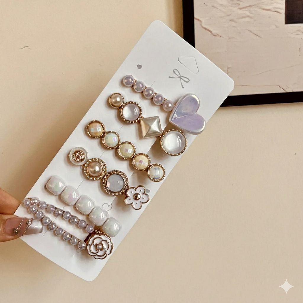 Opalescent dream 6-piece pearl geometric hair clip collection JeevaFashions