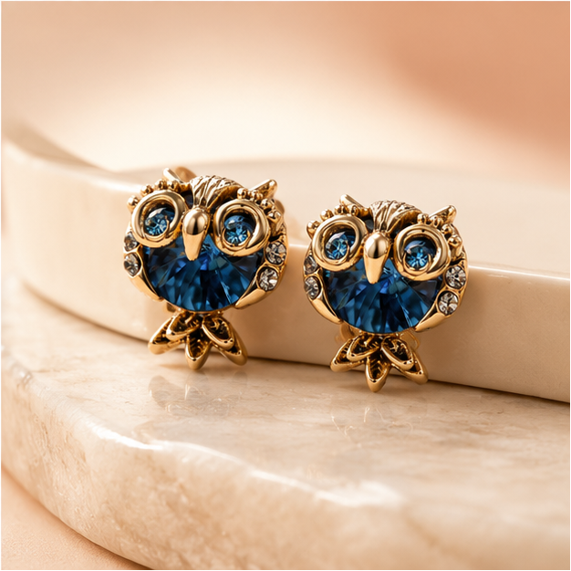 Owl stud earrings gold-tone with blue enamel for women unique daily wear ear studs
