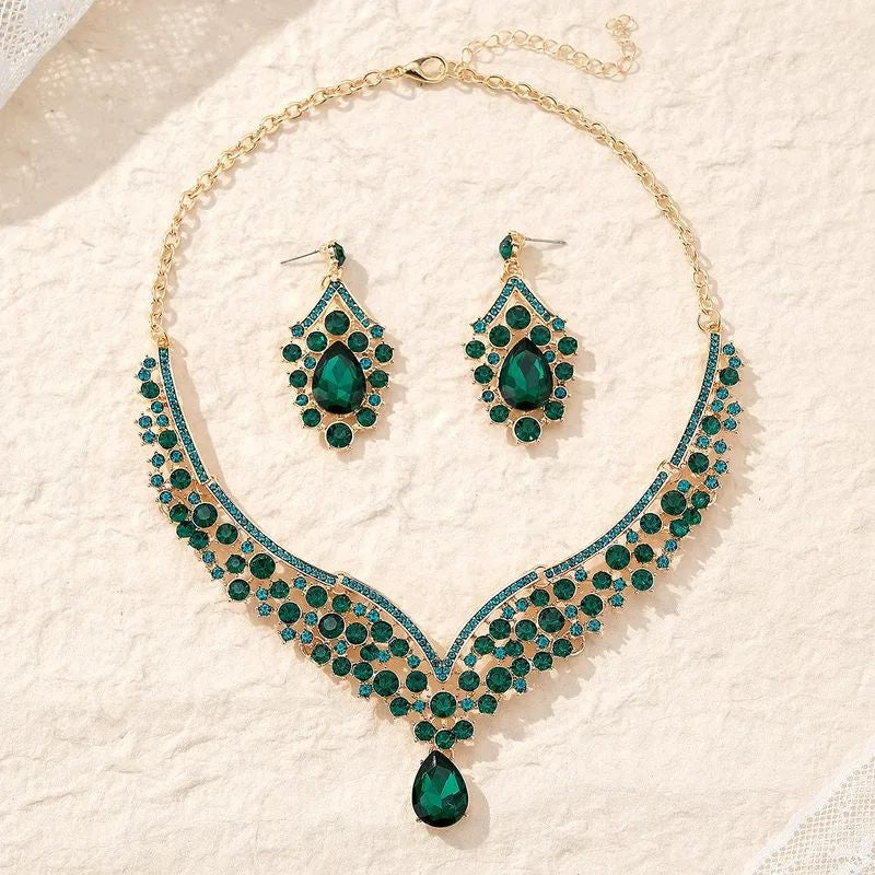 party wear necklace set green rhinestones - jeevafashions