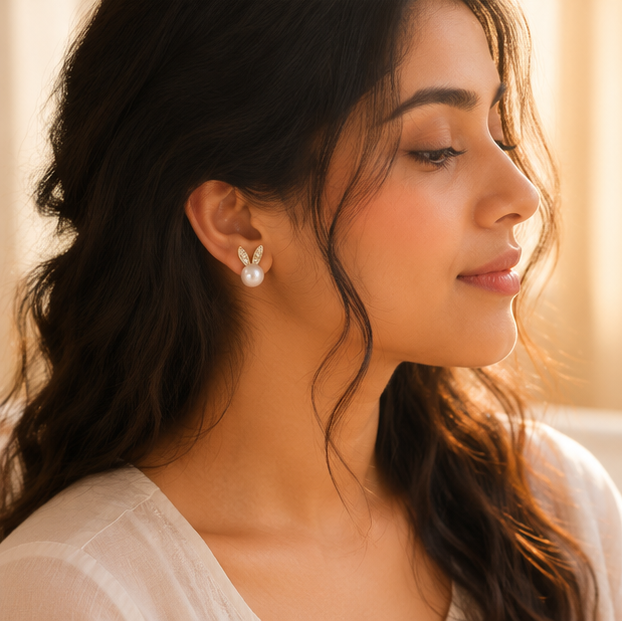Close-up of mismatched pearl bunny stud earrings showing micro-crystal and white enamel ear detail – JeevaFashions