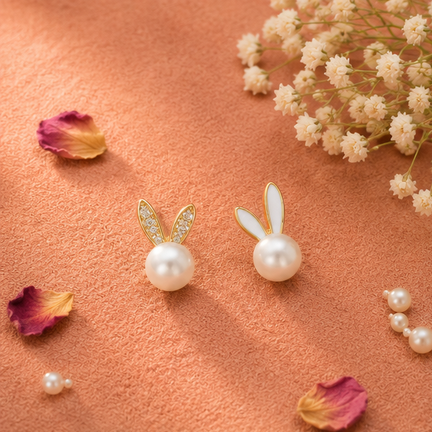 Cute pearl bunny stud earrings – mismatched crystal and enamel gift earrings for women, perfect for birthdays and Raksha Bandhan