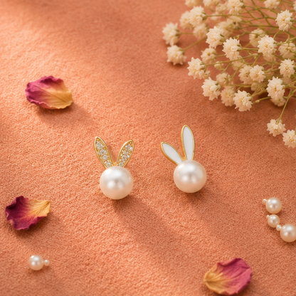 Cute pearl bunny stud earrings – mismatched crystal and enamel gift earrings for women, perfect for birthdays and Raksha Bandhan