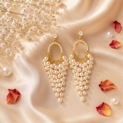 Pearl cluster drop hoop earrings in gold tone styled for lehenga – party wear earrings for Indian women for weddings and festive celebrations