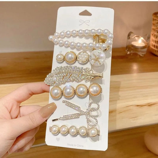 pearl crystal hair clip set 6 piece gold tone for women JeevaFashions