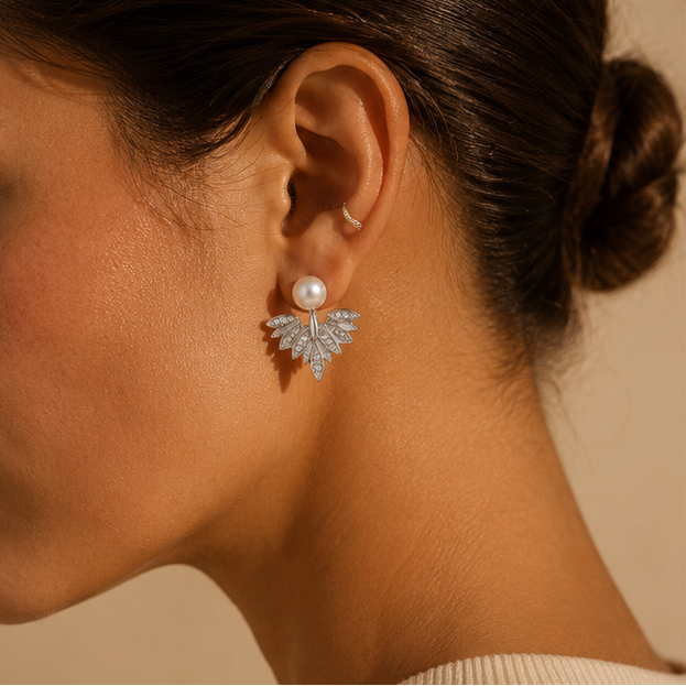 Pearl ear jacket CZ leaf fan earrings silver-tone bridal wedding JeevaFashions