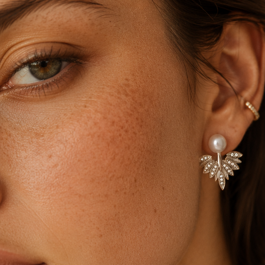 Pearl ear jacket earrings CZ leaf fan silver-tone close-up JeevaFashions