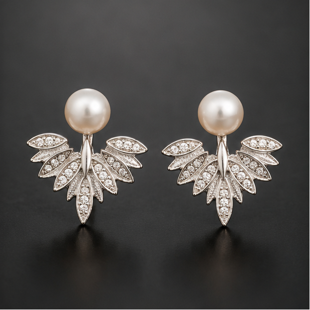 Pearl leaf ear jacket earrings CZ fan silver-tone party wear for women JeevaFashions