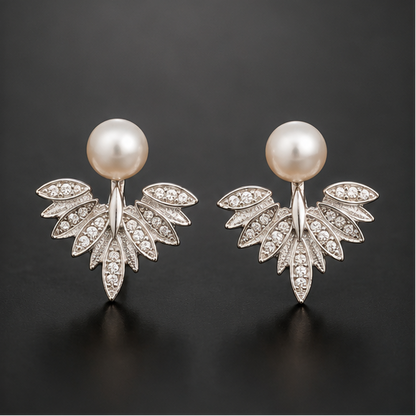 Pearl leaf ear jacket earrings CZ fan silver-tone party wear for women JeevaFashions