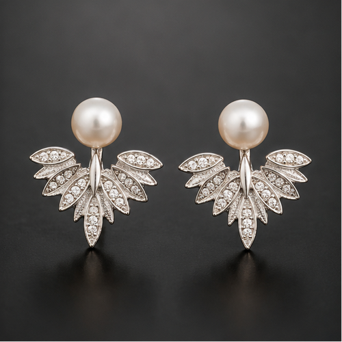 Pearl leaf ear jacket earrings CZ fan silver-tone party wear for women JeevaFashions