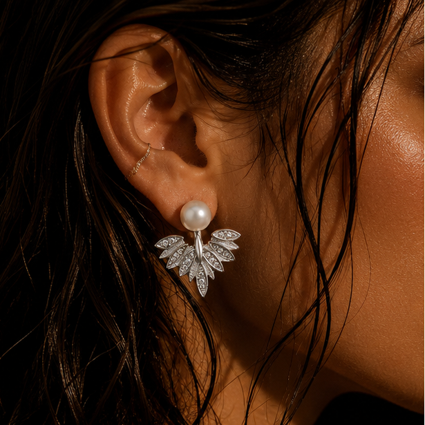 Pearl leaf ear jacket earrings worn on ear party occasion JeevaFashions