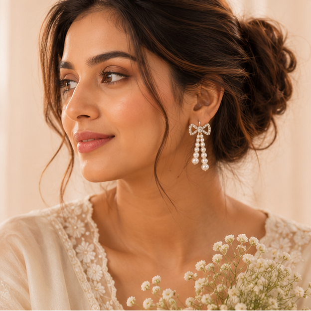 Close-up detail of crystal pavé bow on pearl drop earrings – gold-tone anti-tarnish finish for weddings, sangeet and festive occasions
