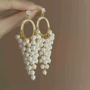 Pearl Hoop Earrings with Cluster Drop – Gold Tone Party Wear
