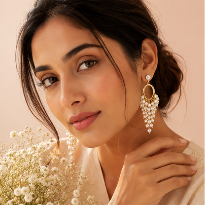 Pearl hoop earrings with gold-tone oval hoop and pearl cluster drops – statement party wear earrings for Indian women styled for festive occasions