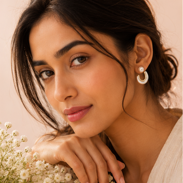 Gold tone pearl hoop earrings styled for daily wear – lightweight curved hoop earrings for Indian women for office and festive occasions