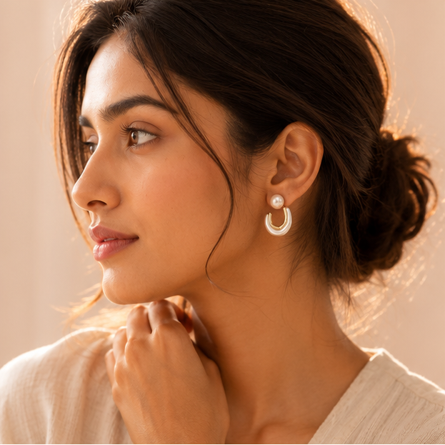 Pearl hoop earrings with gold tone finish styled with kurti – everyday earrings for Indian women for Diwali and festive occasions