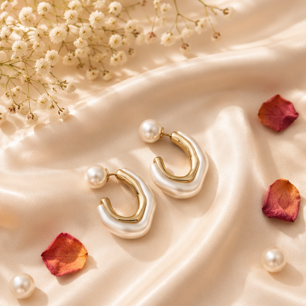 Pearl stud hoop earrings in gold tone styled for Indian women – everyday and festive earrings for office and casual wear