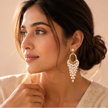Gold tone pearl hoop earrings with cascading pearl drops – elegant earrings for Indian weddings, sangeet nights and festive occasions