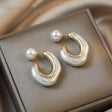 Pearl hoop earrings with gold tone curved stud design – lightweight daily wear earrings for Indian women – office and festive occasions