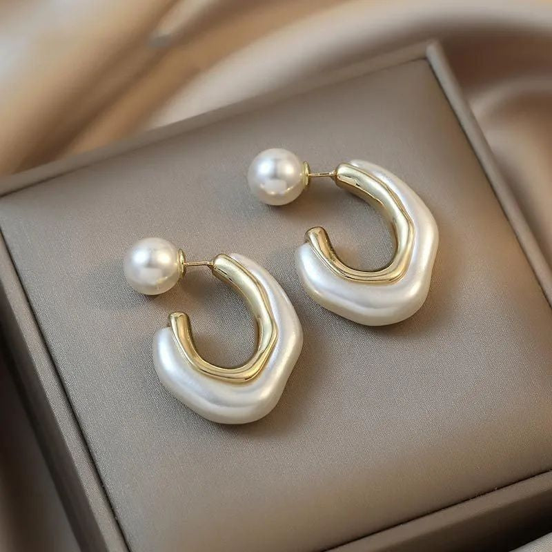 Pearl hoop earrings with gold tone curved stud design – lightweight daily wear earrings for Indian women – office and festive occasions